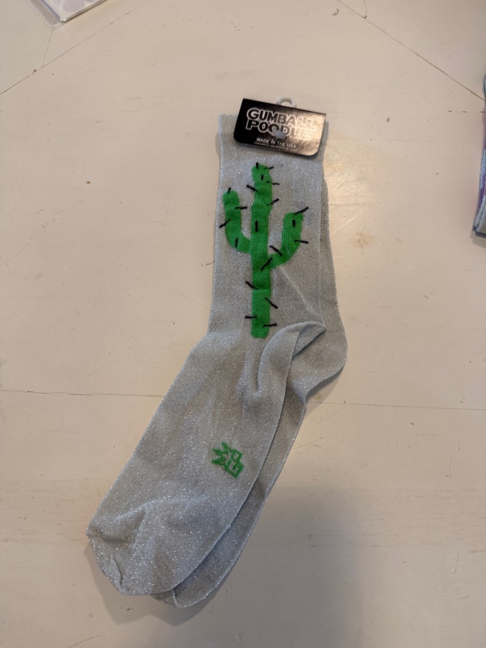 Silver Crew Socks with Green Cactus